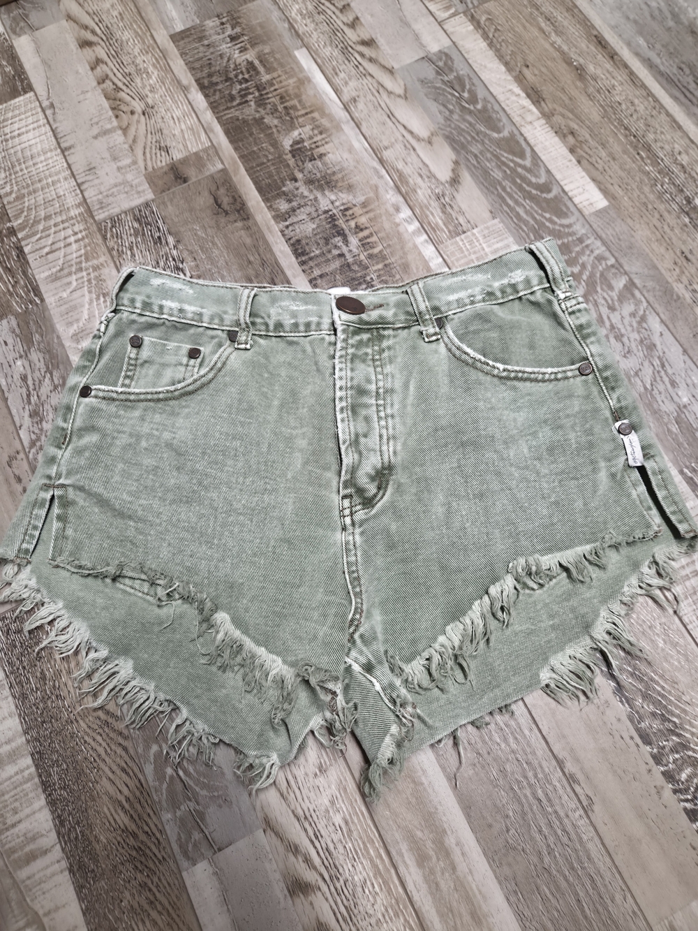 One Teaspoon Distressed High-Rise Jean Shorts in Sage Green